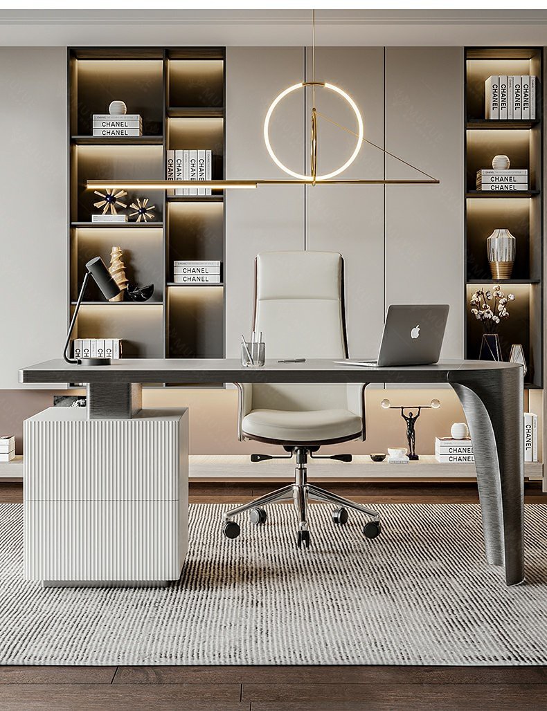 慕跃 意式极简亮光岩板书桌简约现代书房写字台轻奢风格设计师办公