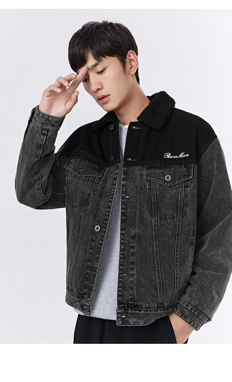 太平鸟男装秋冬新款刺绣牛仔夹克休闲羊羔绒拼接茄克外套宽松上衣