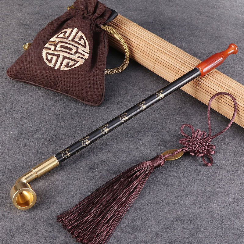 rvje 黄铜烟斗烟长杆复古直式长辈和田红玉烟嘴礼品老式纪晓岚黑杆