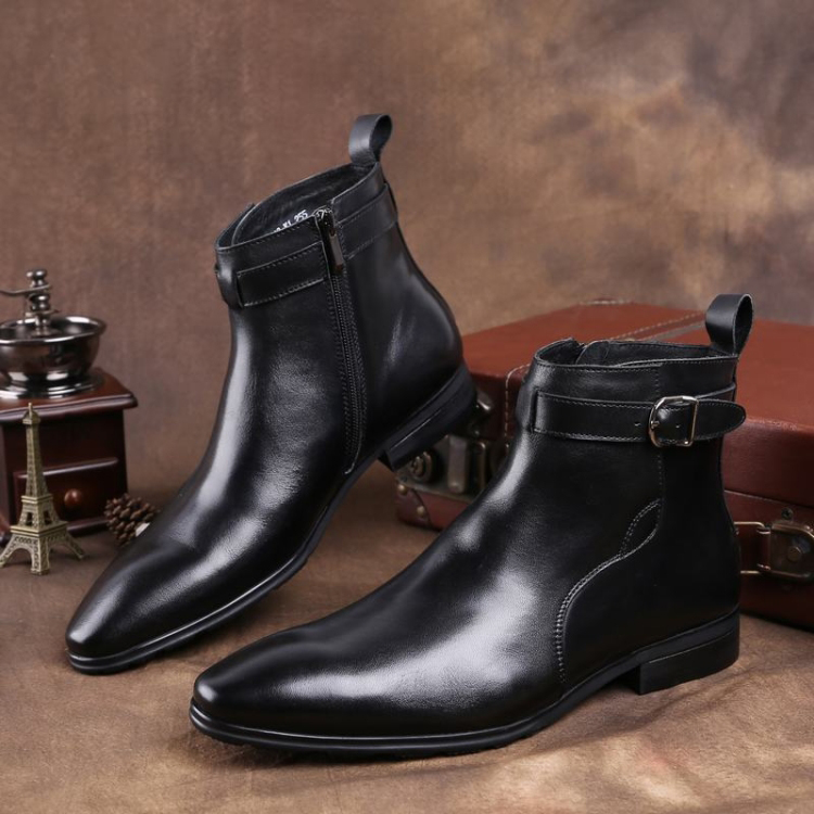轻奢品百搭帅气马丁靴牛皮尖头防滑中筒靴耐磨户外休闲男靴子潮 黑色