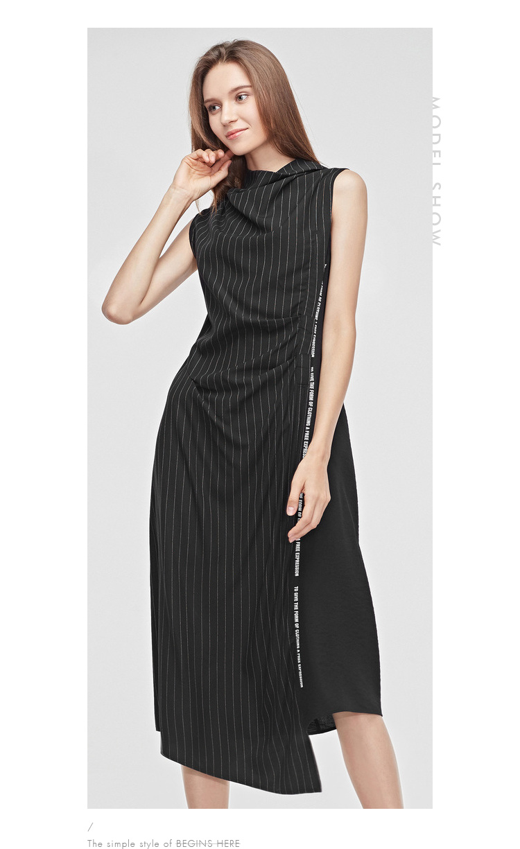 sdeer圣迪奥女装字母印胶撞色条纹拼接h型无袖连衣裙s19281265黑色91