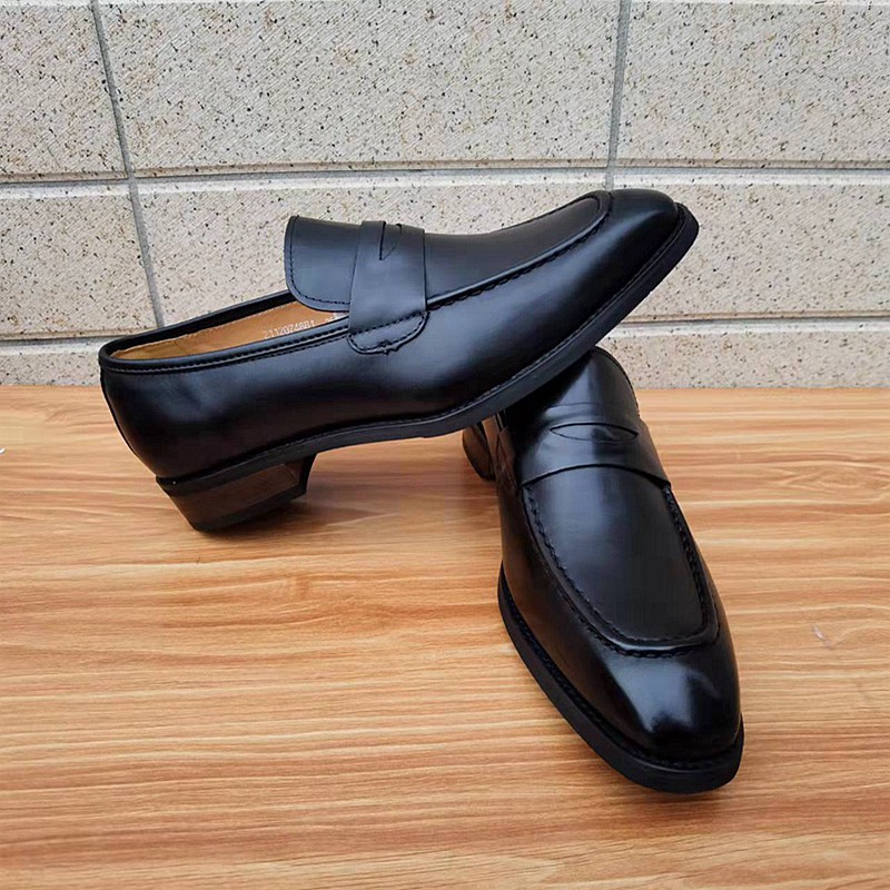 高端小牛皮鞋春季英伦商务乐福鞋硬底尖头手工皮鞋男真皮套脚品质定制