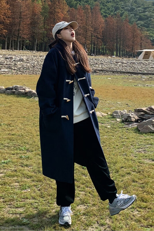 帕达曼 牛角扣大衣女大码胖mm中长款藏青色冬季加厚连帽羊绒呢子毛呢
