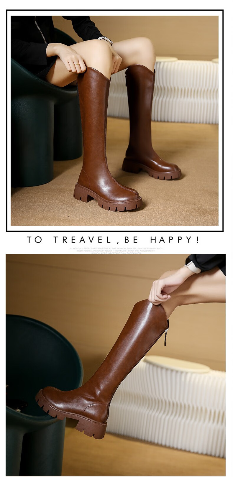 序善大东长筒靴女2022年春秋季新款长靴厚底粗跟高筒骑士靴白色不过膝