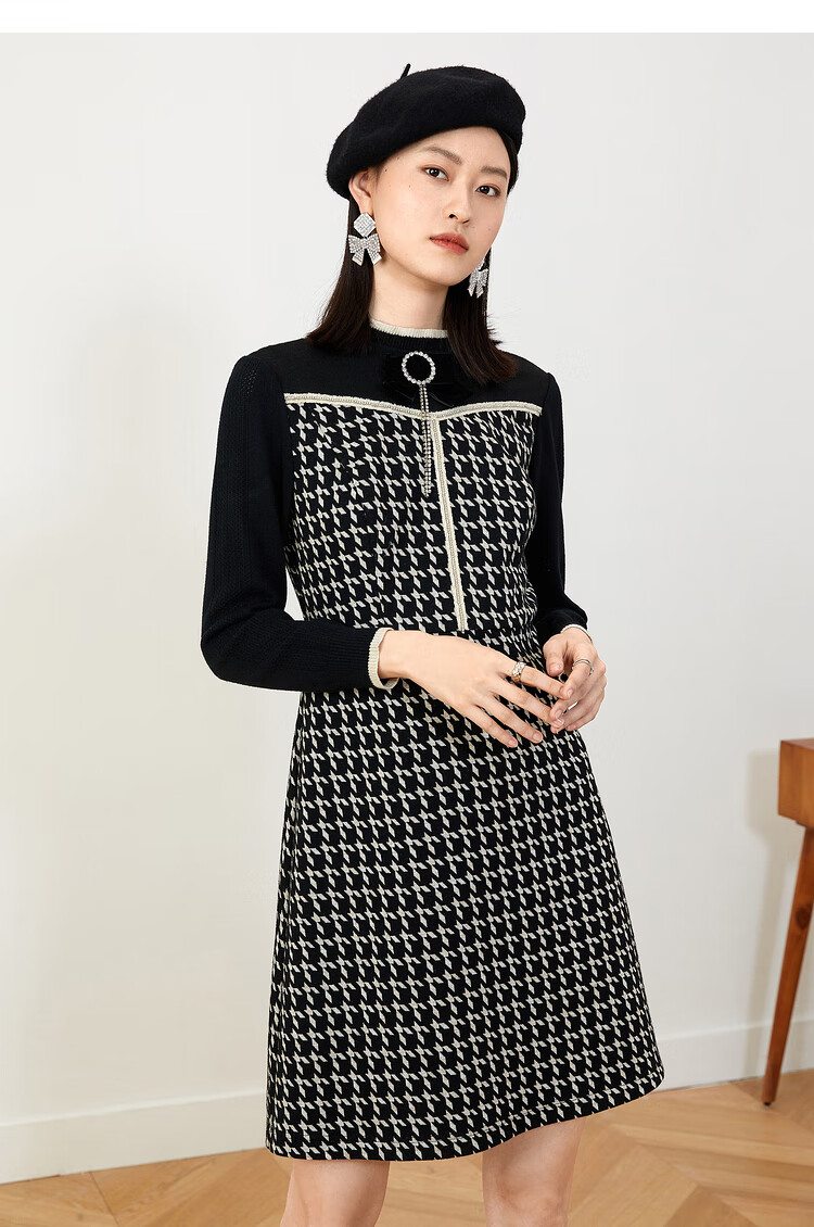 yiner音儿女装2021冬季新款复古千鸟格针织连衣裙 黑白 36