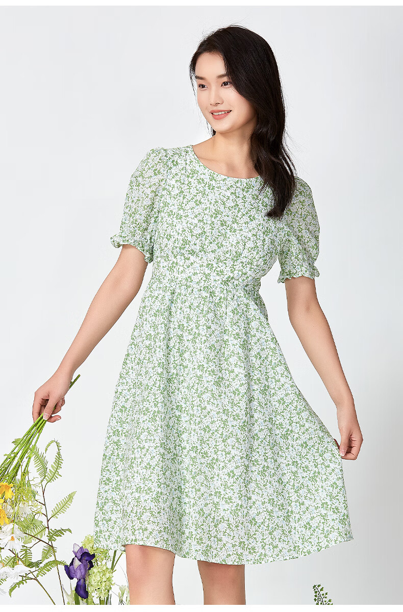 阿依莲2022年法式印花短袖连衣裙女夏季收腰显瘦碎花裙子 萌芽绿 xl