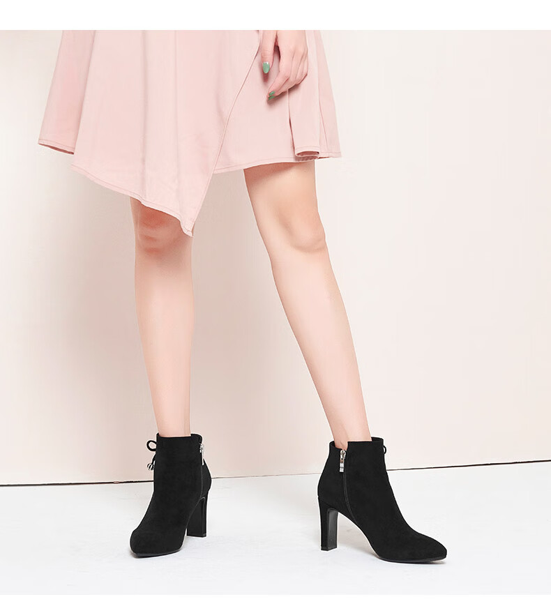 卓诗尼专柜女鞋同款【断码清仓】单鞋女尖头高跟短靴女官网官方 黑色