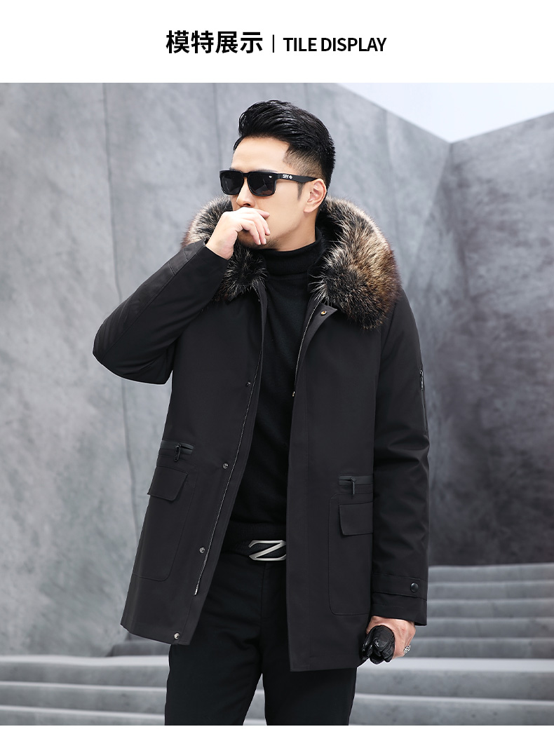 恒源祥派克服男皮草大衣美洲貉毛领兔毛内胆中长款连帽男士皮毛一体