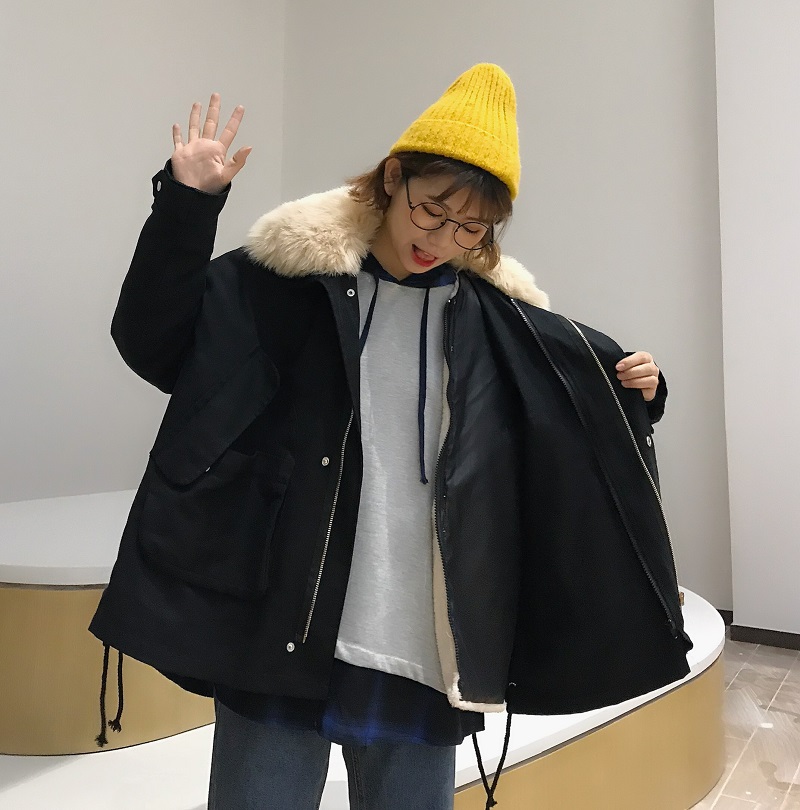新款韩版内胆可脱卸棉服大毛领加厚外套女工装棉衣派克服女潮 黑色 l