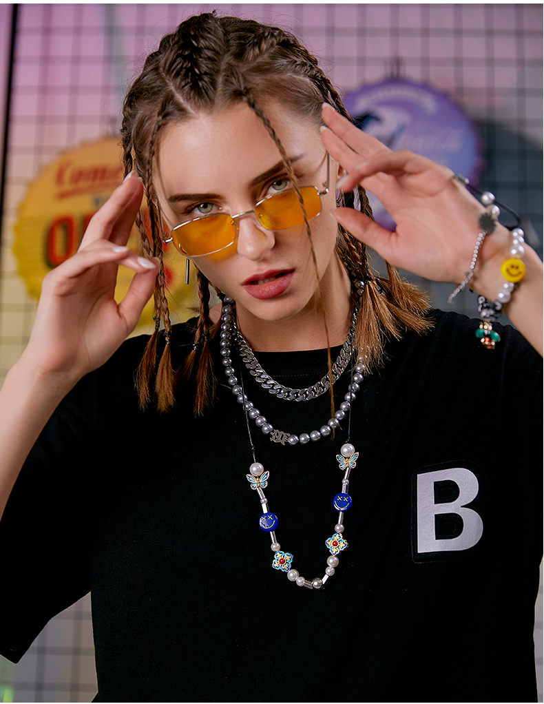 仁尼精选mobevae蓝色笑脸蝴蝶骷颅头珍珠项链ins潮男女嘻哈孩子王520