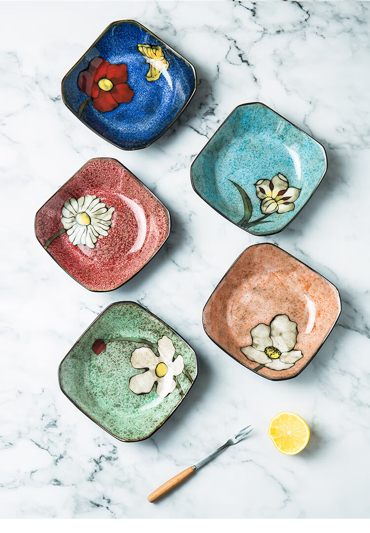 高淳陶瓷餐具盘子小菜碟家用日式复古创意个性彩色手绘方盘水果盘高淳