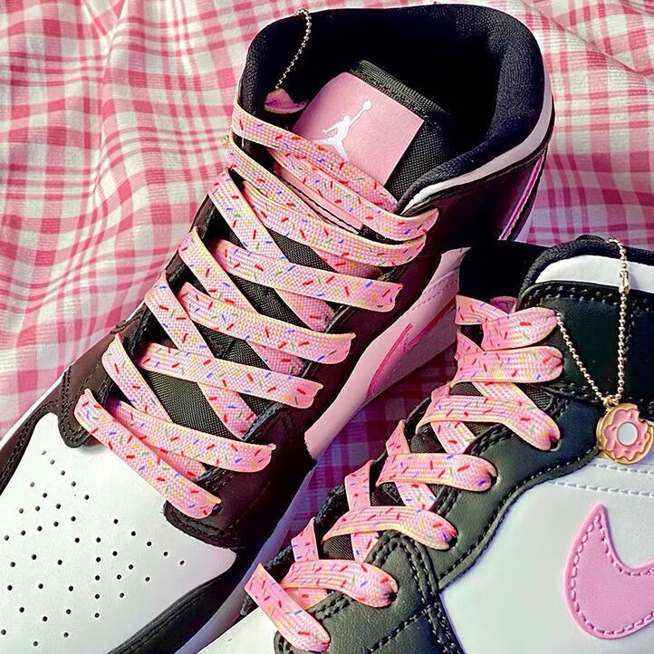 适配aj·1mid黑摩卡小倒钩粉色鞋带女男原装aj·4 6女神熊猫粉鞋带扁