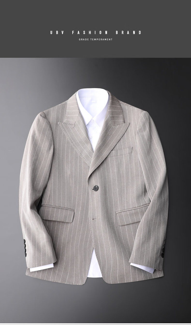 彤弗tunfo秋季新款修身灰色竖条纹西装外套男士商务韩版修身休闲正装