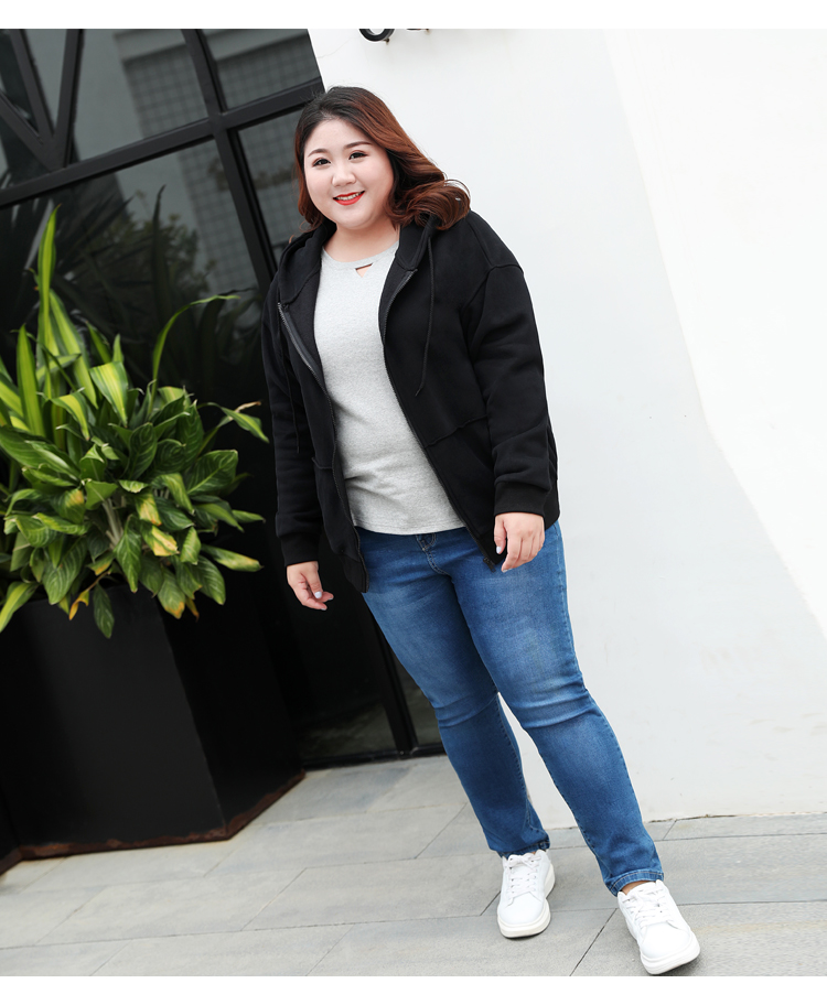 秋冬装新款大码女装宽大舒适保暖衣服加绒休闲卫衣200斤纯色外套 黑色