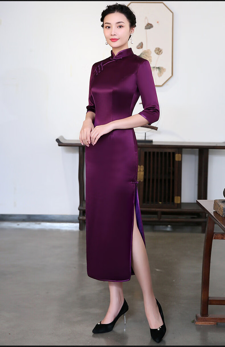 旗袍礼服中国风时尚紫色妈妈装旗袍婚庆婚宴旗袍连衣裙秋冬长款 紫色