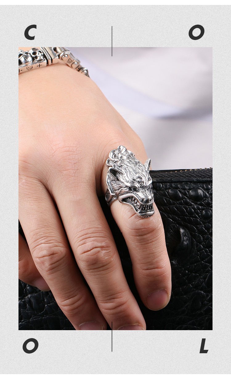 梓君925银戒指男潮人个性复古手工摇滚嘻哈欧美戒指霸气狼头戒指环 30