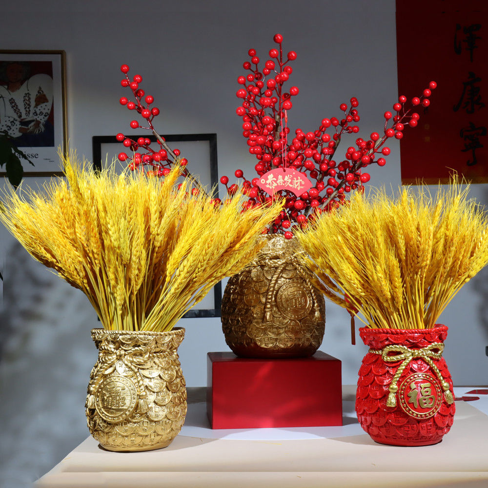 福袋黄金麦穗干花束客厅酒柜家居装饰品摆件花瓶开业大麦 金色瓶 红色