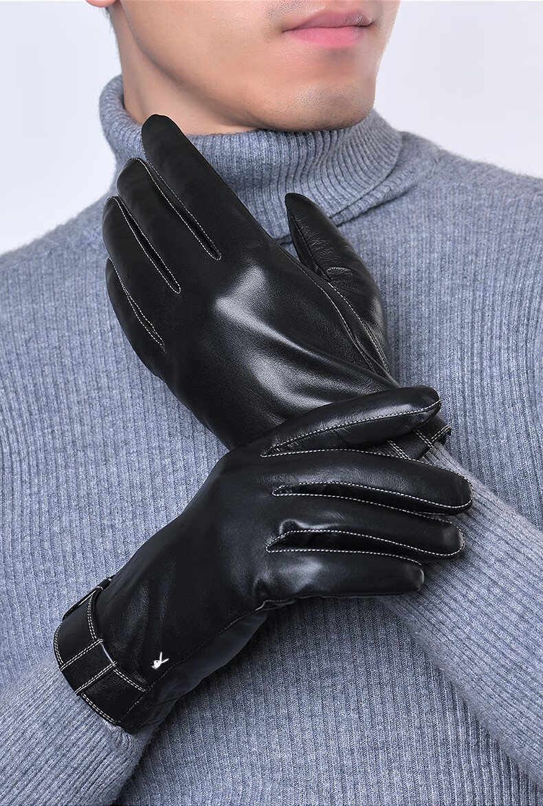 花花公子(playboy)头层羊皮手套男士保暖加厚骑行冬季触屏加绒真皮棉