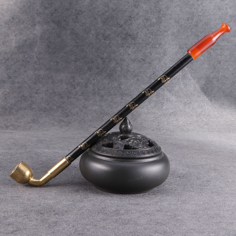 rvje 黄铜烟斗烟长杆复古直式长辈和田红玉烟嘴礼品老式纪晓岚黑杆