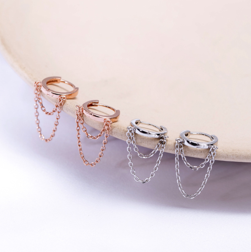 玫瑰金色耳环圆圈款2019潮圆环个性网红秋冬 通体925银 银色链条耳扣