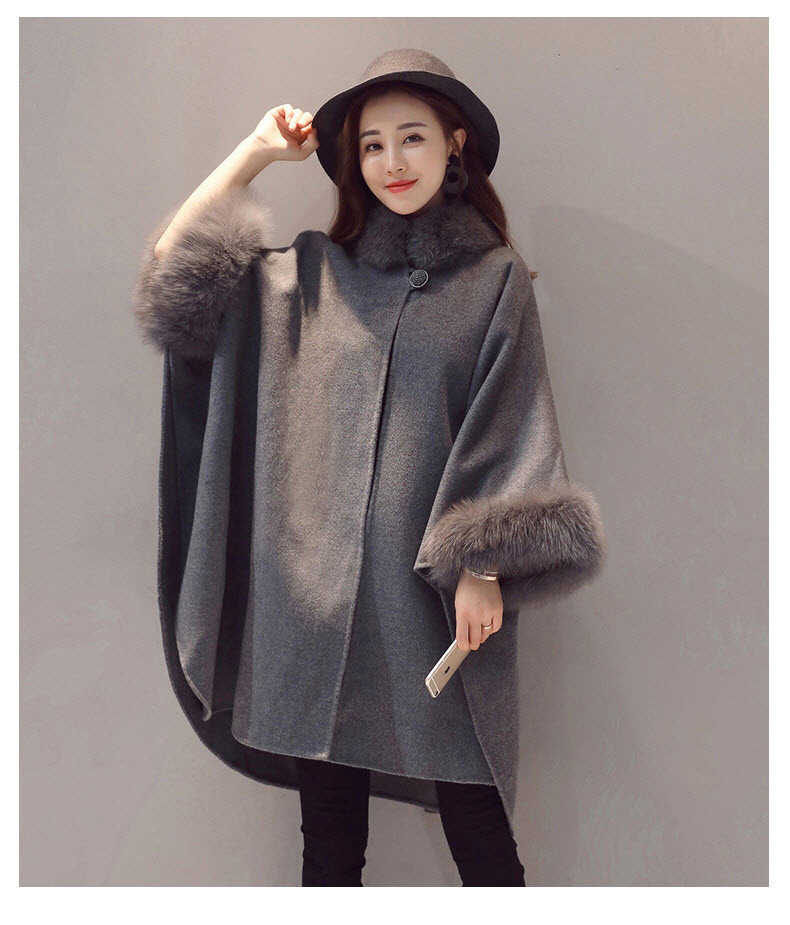 秋冬季新款毛呢斗篷外套女秋冬蝙蝠型赫本风大衣中长款披肩斗篷灰色