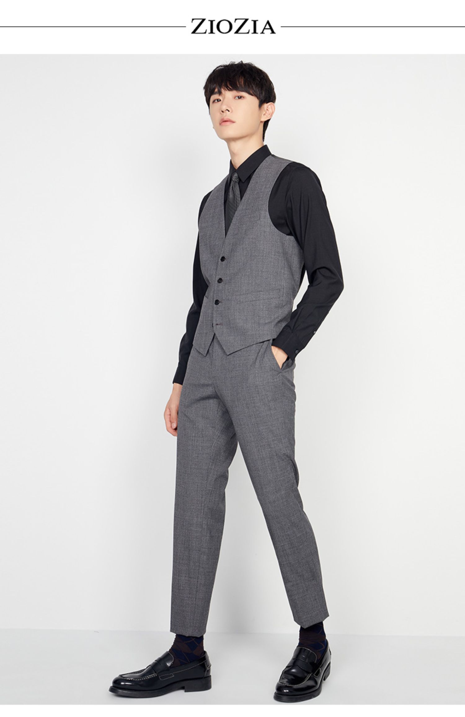 ziozia秋季新款灰白交织的小千鸟格面料商务马甲背心zsv03804c灰色90