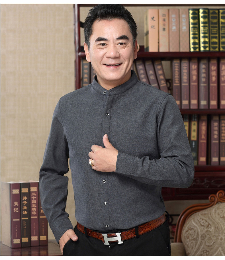 爸爸秋装衬衫中老年男士加绒加厚保暖衬衣 秋冬新款老人立领衬衫 立领