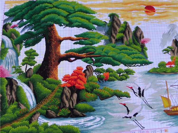 绣好的十字绣成品纯成品迎客松财运版2米客厅山水风景画人工绣好的