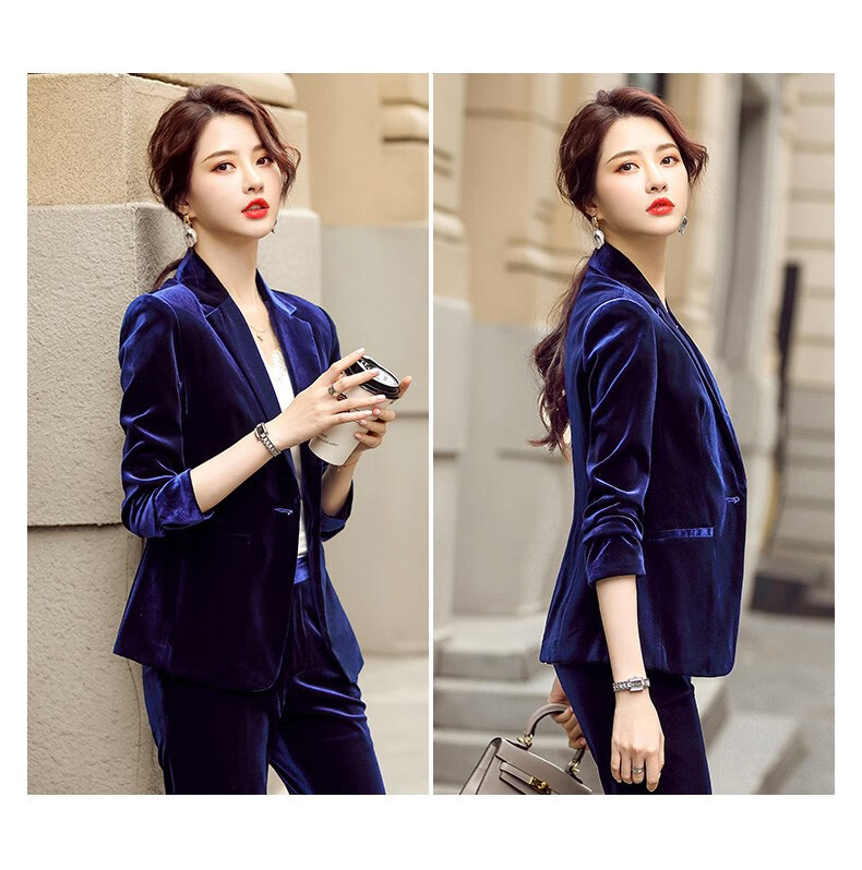 皮尔卡丹轻奢高档蓝色金丝绒职业西装外套女套装2022春秋新款时尚修身