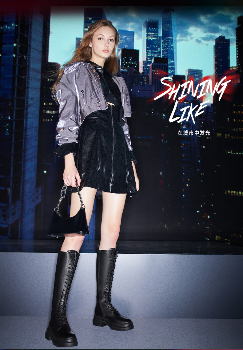 思加图2022冬季新款甜酷骑士靴系带长靴高筒靴女皮靴ef308dg2 黑色 38