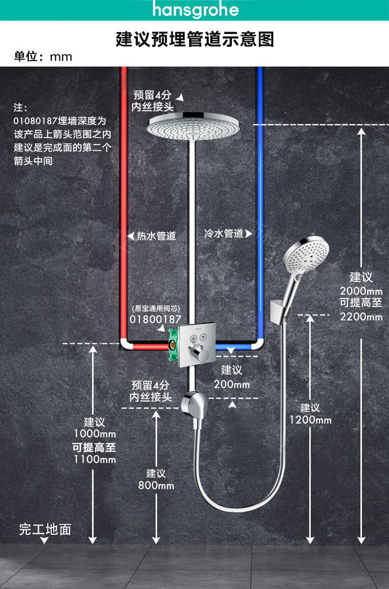 汉斯格雅hansgrohe花洒恒温花洒套装飞雨360240mm顶喷入墙式暗装花洒
