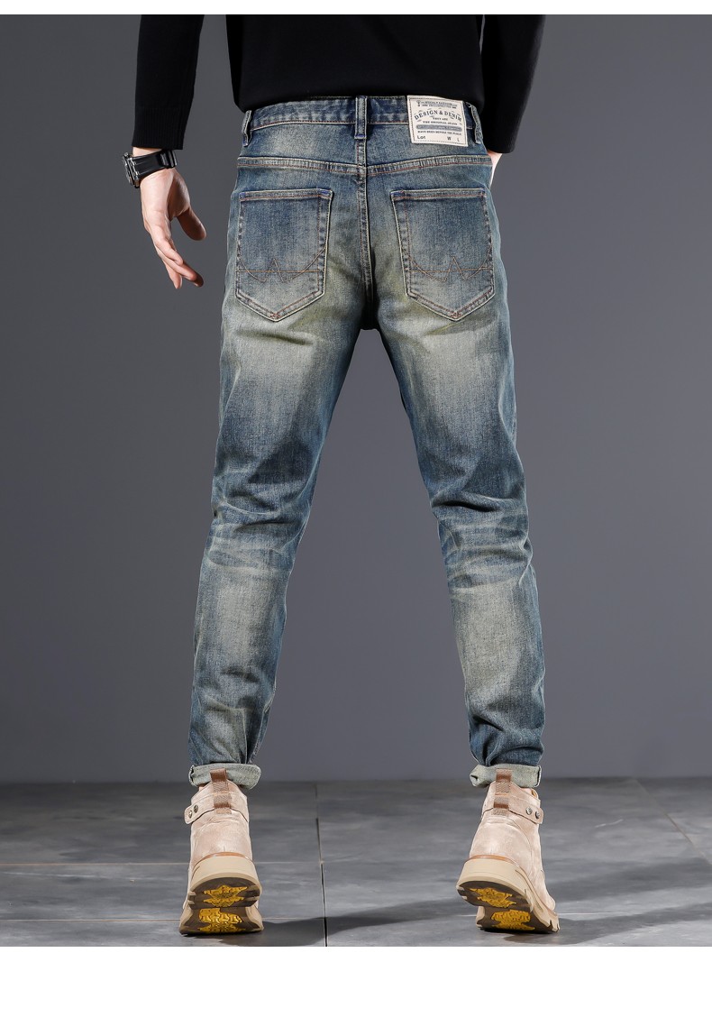 lee cooper怀旧经典牛仔裤男秋季修身潮流直筒男士小脚复古色磨破磨黄