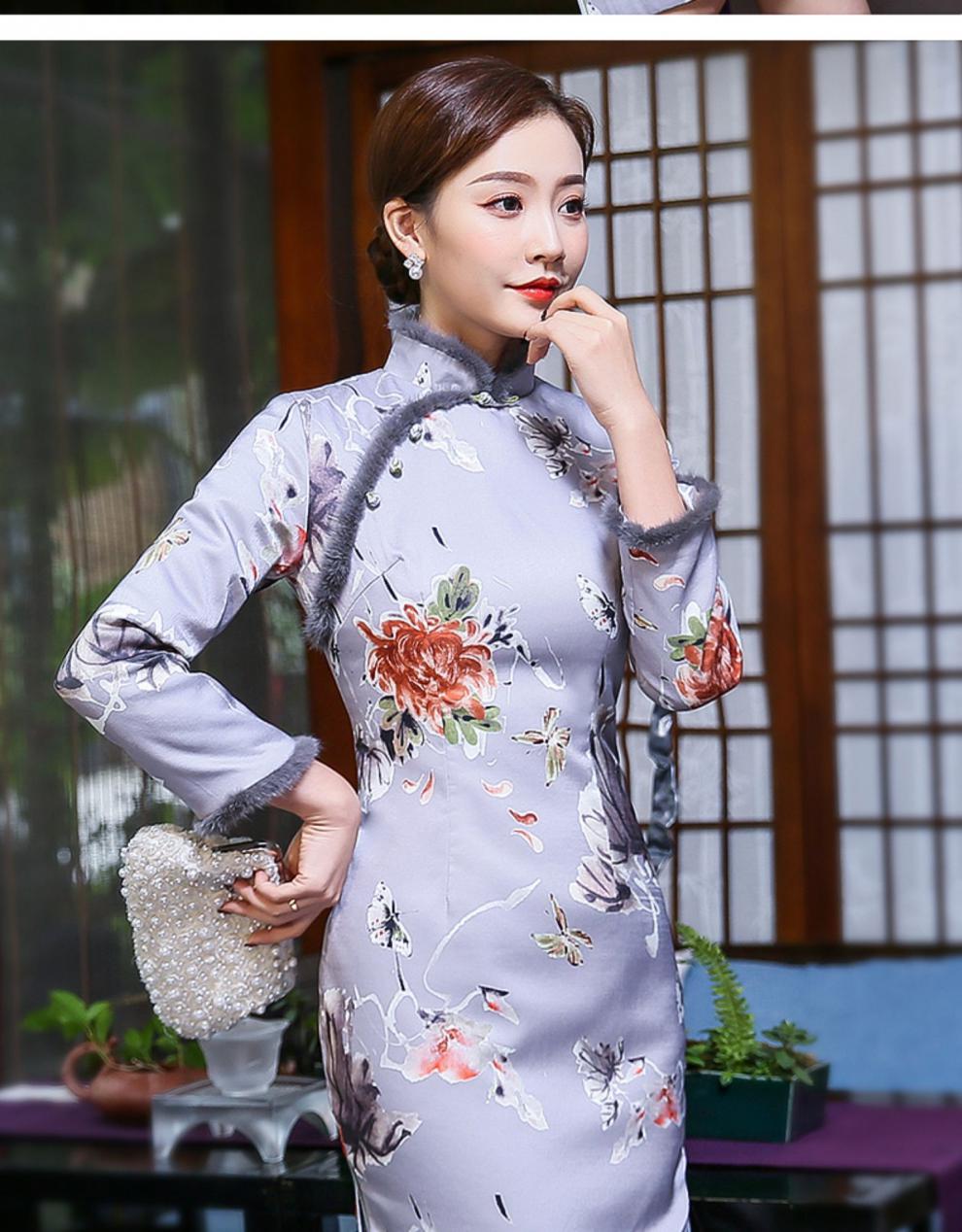 秀观唐冬然2019冬装新款中国风改良时保暖水貂毛复古立棉旗袍 浅灰色