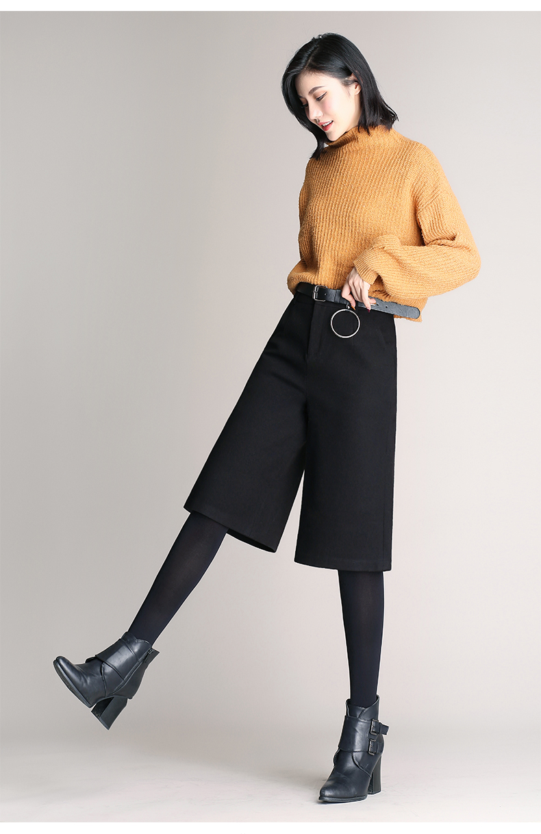 阿亨洋气气质中年女士妈妈细长2019秋冬毛呢裤子女加厚六分阔腿女裤