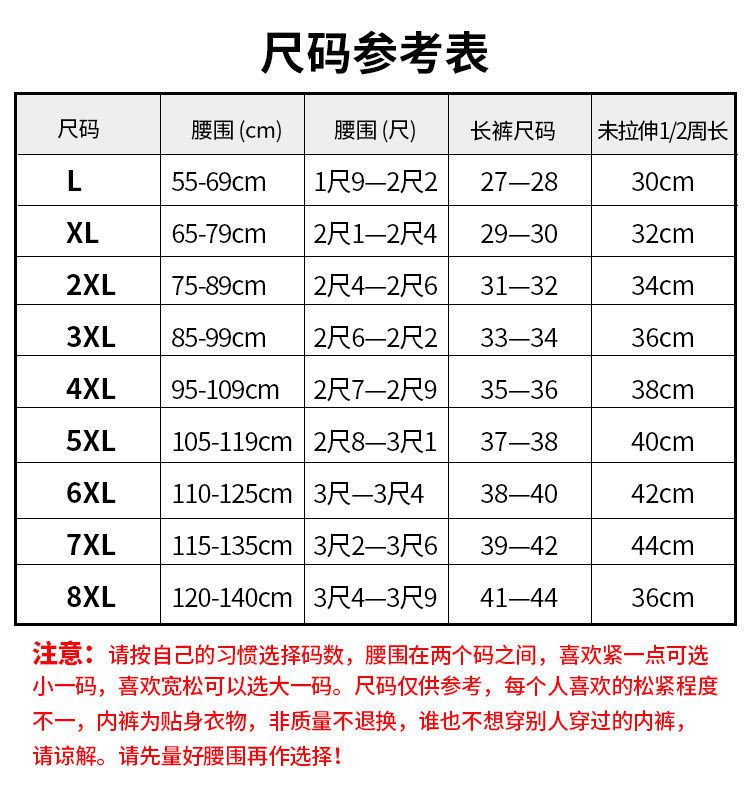 内裤尺码对照表男身高图片