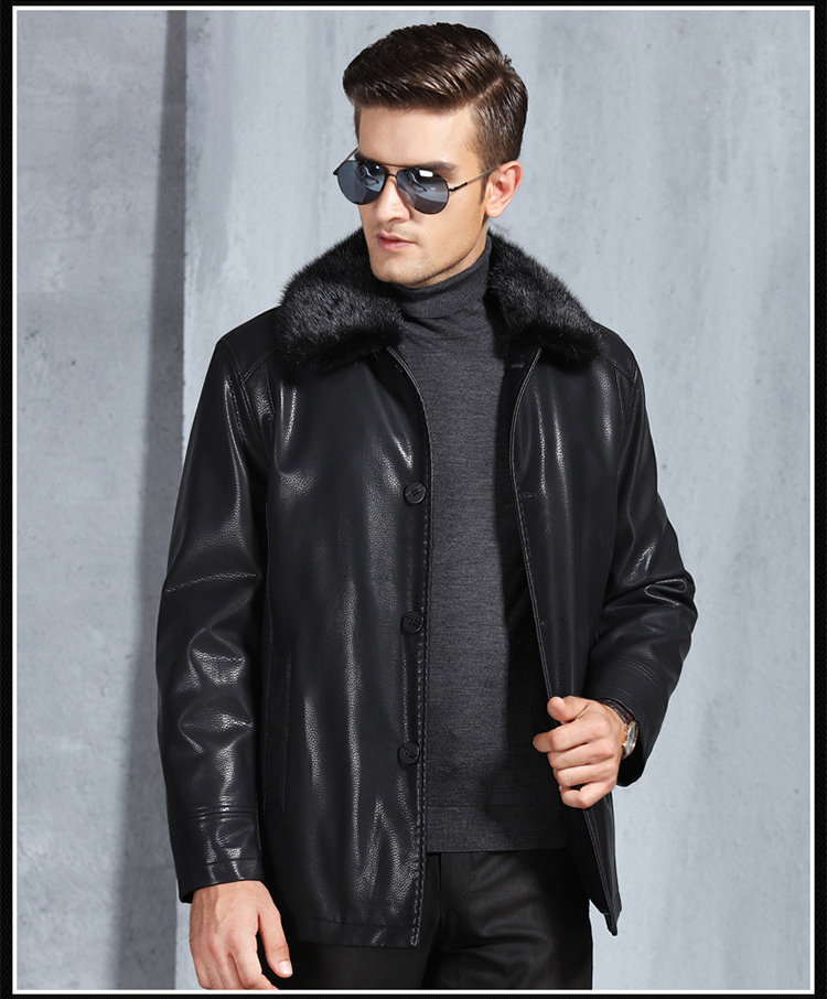 精品男装新品冬季尼克服男真皮水貂内胆皮衣男士皮草加绒加厚外套中