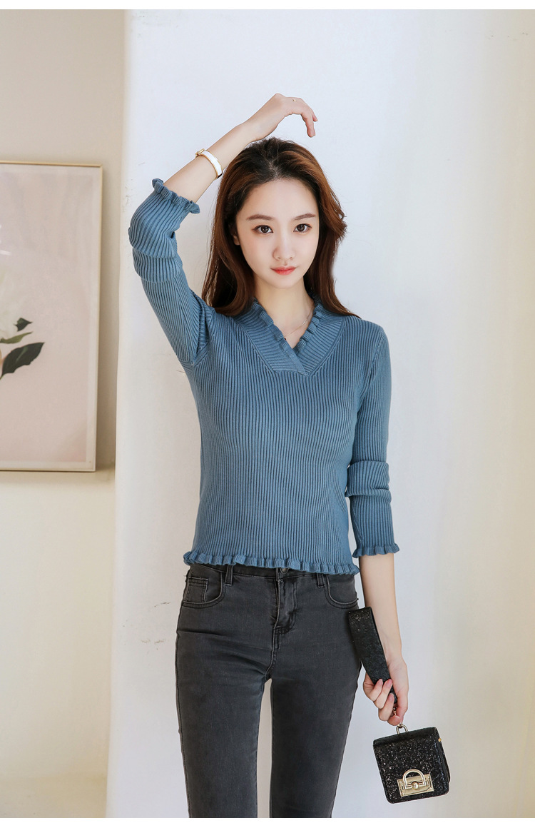 雷斯琦 短款毛衣女套头长袖加厚针织打底衫木耳边v领修身上衣内搭2019