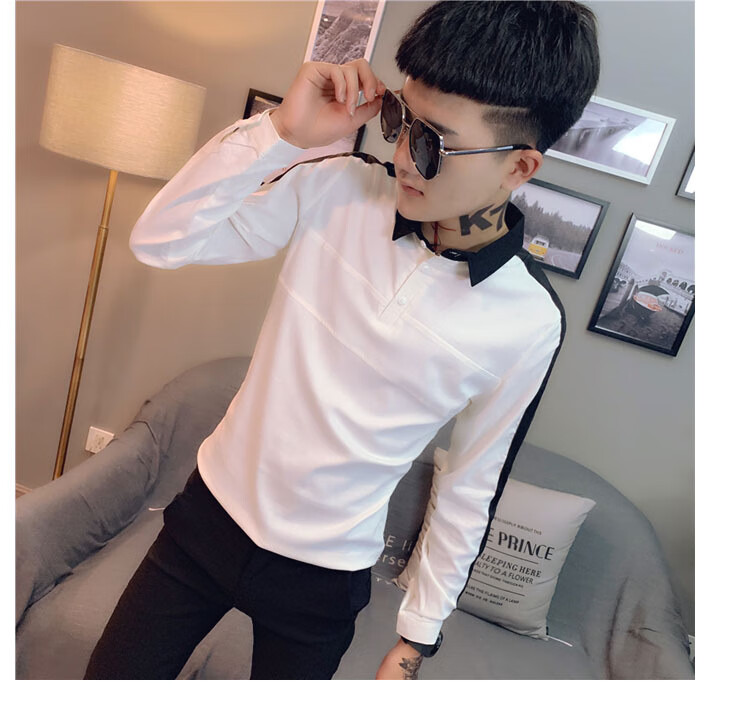 社会小伙t恤紧身潮流帅气衬衫男小码秋季韩版修身s码xs发型师衬衣白色