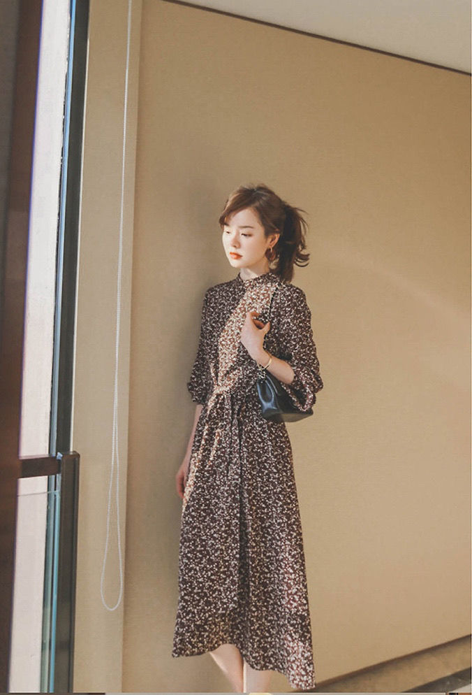 【秋季长袖碎花连衣裙】高端轻奢女雪纺长袖连衣裙咖啡色碎花气质名媛
