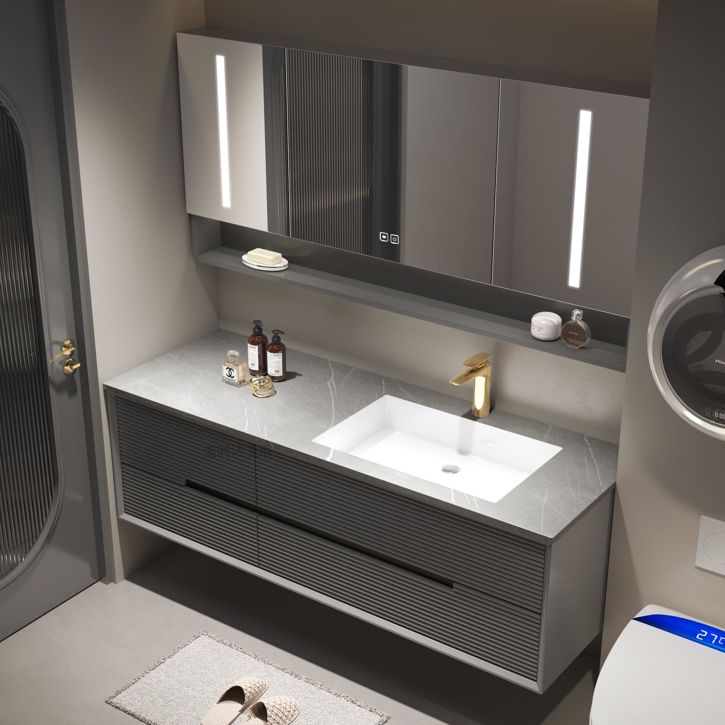 轻奢简约岩板无缝盆浴室柜橡木陶瓷一体盆组合洗手面盆智能镜吊柜 170