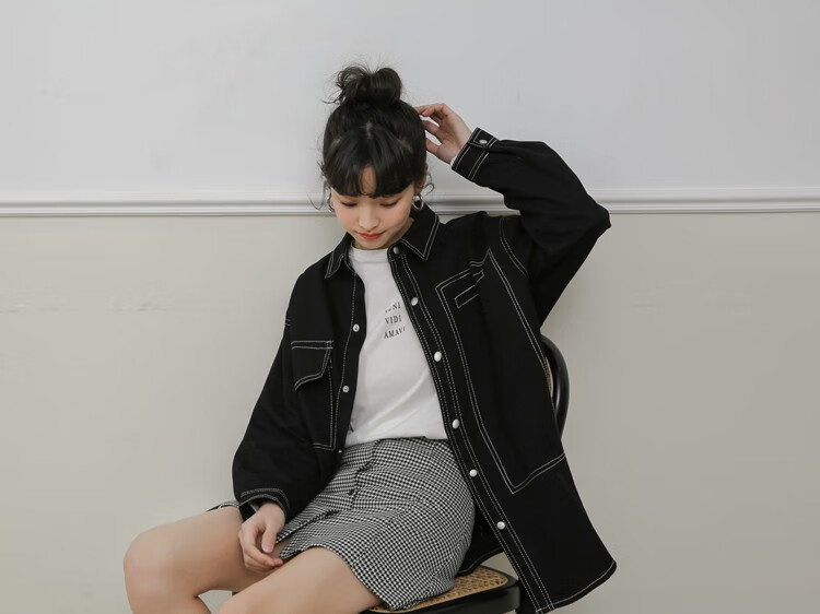 岚烨日系复古明线oversize牛仔衬衫女春季新款宽松慵懒风工装上衣外套