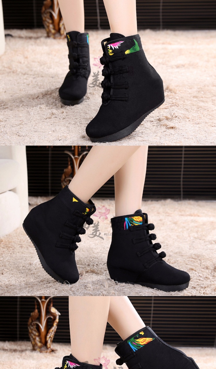 老北京布鞋女短靴内增高休闲鞋高坡跟古风复古民族风绣花鞋单靴子 单