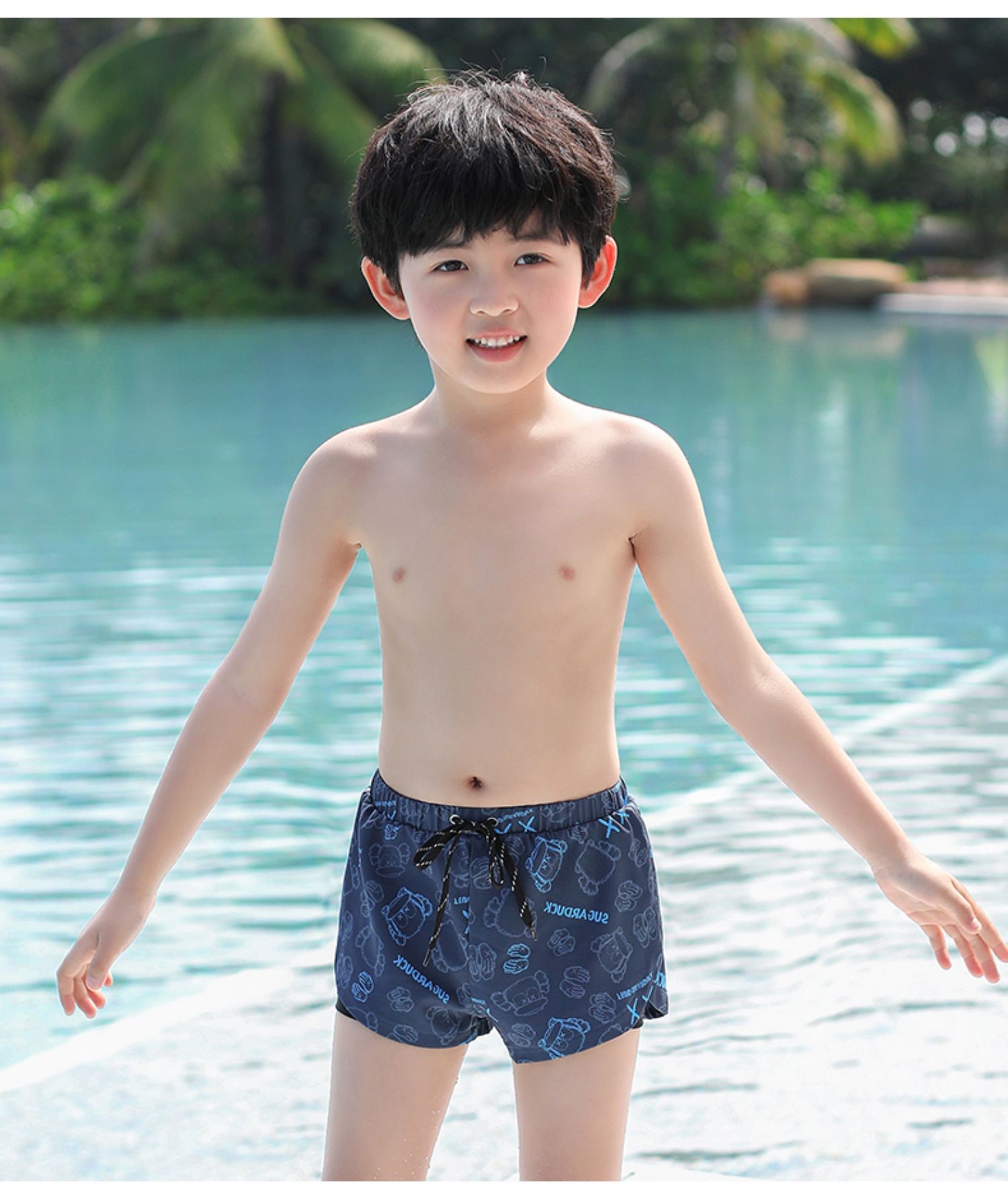 儿童泳裤男童双层泳裤中大童泳衣防尴尬速干透气男孩平角泳裤蓝色小熊