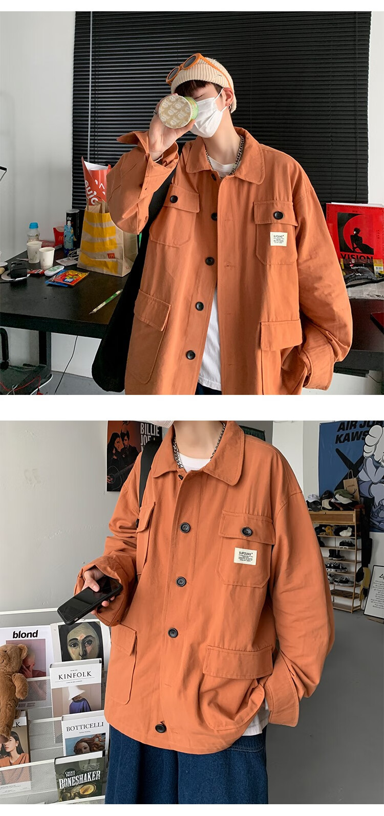 嵘皓 复古工装夹克男秋季感外套高街ins春秋潮牌衣服 铁锈红 l 110斤