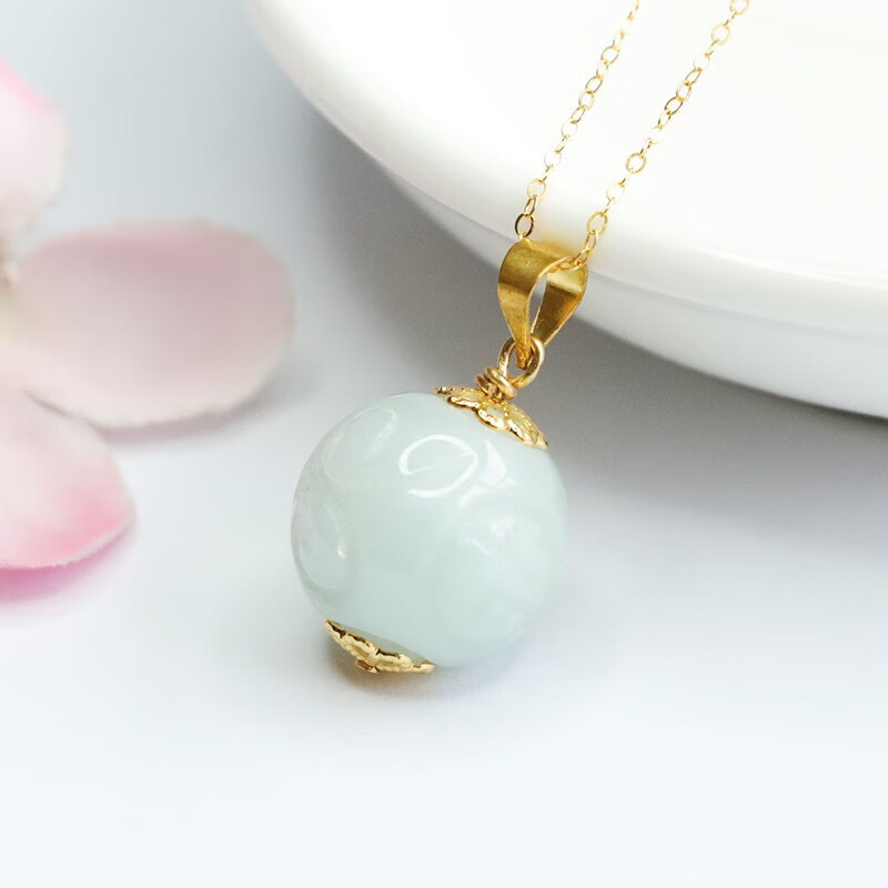 钻言 镶缅甸a货翡翠回纹珠吊坠老坑种玉石雕刻圆珠项链锁骨链玉器挂件