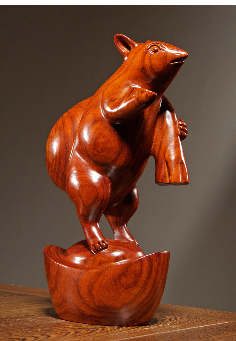 大腾年黑檀木雕老鼠摆件十二生肖木质鼠雕刻家居客厅装饰红木工艺品