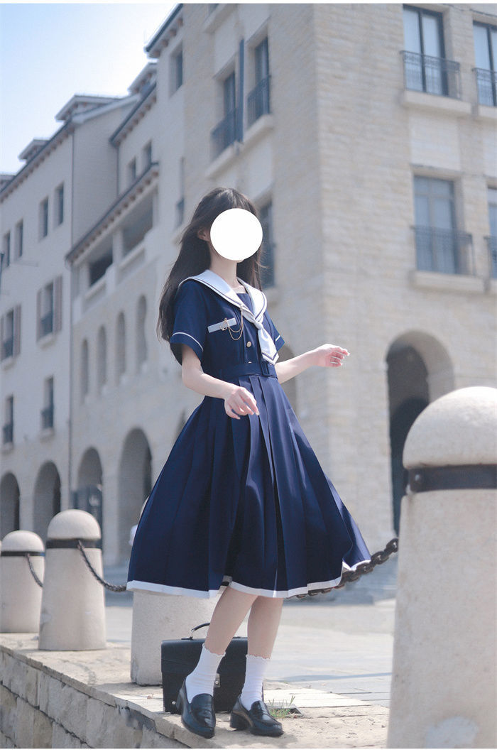 日系jk制服学院风甜美显瘦绀色银灰色学生水手服连衣裙盛夏服 白色