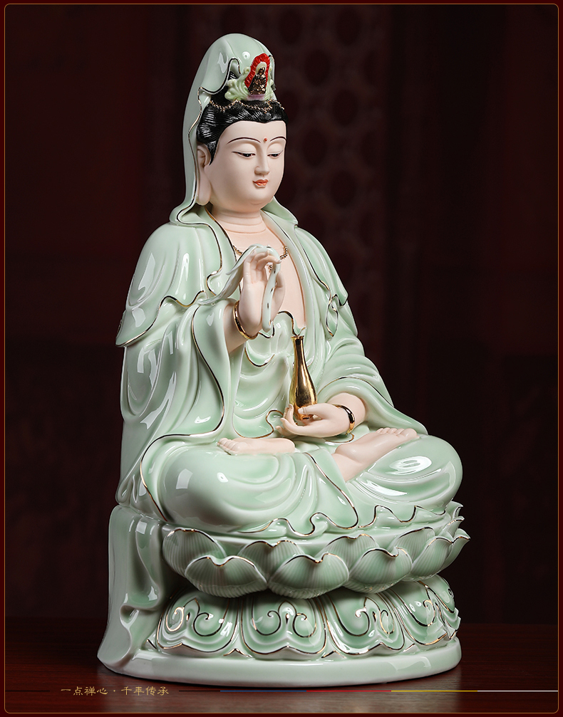 戴玉堂 青瓷观音菩萨佛像摆件 步步生莲陶瓷坐莲观世音娘娘家用供奉