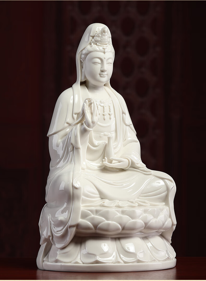 七珍 陶瓷坐莲观音德化白瓷佛像佛摆件居家供奉家用观世音菩萨像 h84
