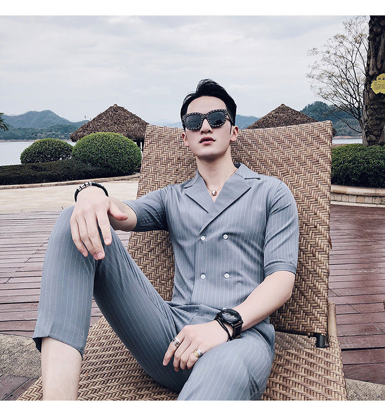 sudeebioy 英伦雅痞风男装夏季夏季英伦风帅气男士双排扣条纹中袖衬衫